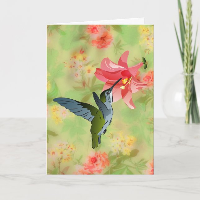 Hummingbird and Pink Lily on Floral Pattern Card (Front)