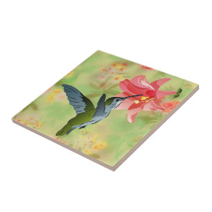 Hummingbird and Pink Lily on Floral Pattern Ceramic Tile