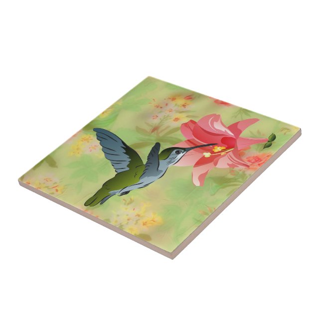 Hummingbird and Pink Lily on Floral Pattern Ceramic Tile (Side)