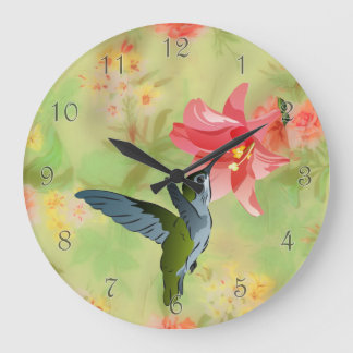 Hummingbird and Pink Lily on Floral Pattern Large Clock