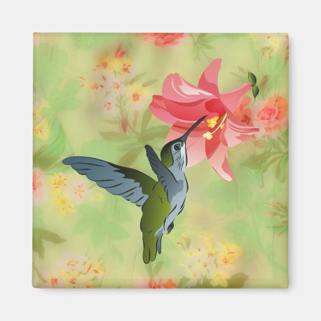 Hummingbird and Pink Lily on Floral Pattern Magnet (Front)