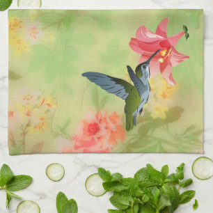 Hummingbird and Pink Lily on Floral Pattern Tea Towel