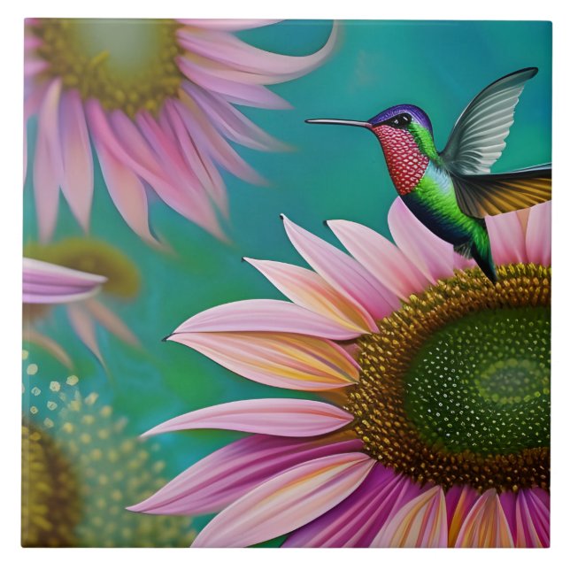 Hummingbird and Pink Sunflower Ceramic Tile (Front)