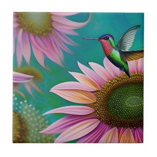 Hummingbird and Pink Sunflower Ceramic Tile