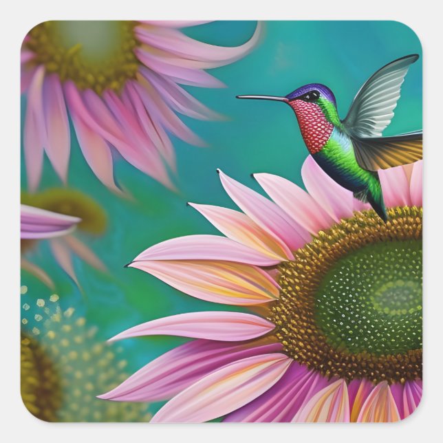 Hummingbird and Pink Sunflower Square Sticker (Front)
