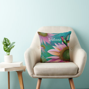 Hummingbird and Pink Sunflower WELCOME Cushion