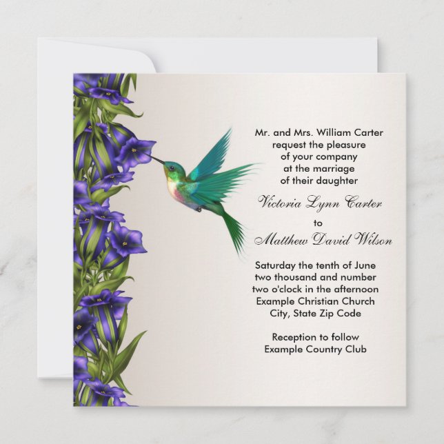 Hummingbird and Purple Violets Wedding Invitations (Front)