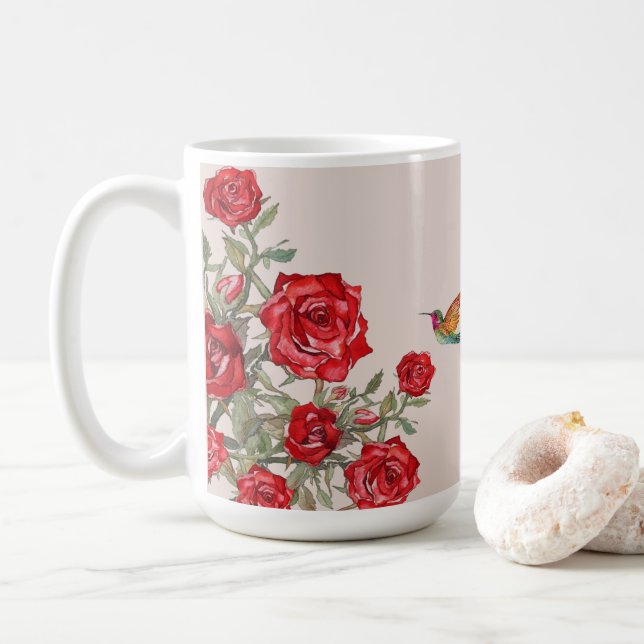 Hummingbird and Red Roses Coffee Mug (With Donut)