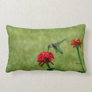 Hummingbird and Red Zinnias Lumbar Cushion
