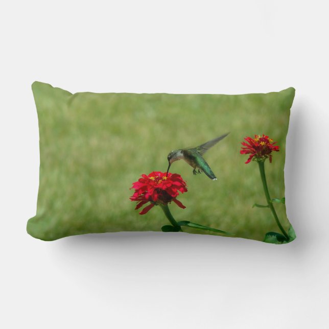 Hummingbird and Red Zinnias Lumbar Cushion (Front)