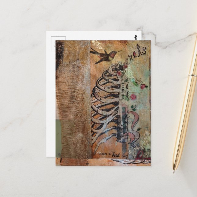 Hummingbird and ribcage secret mixed media collage postcard (Front/Back In Situ)