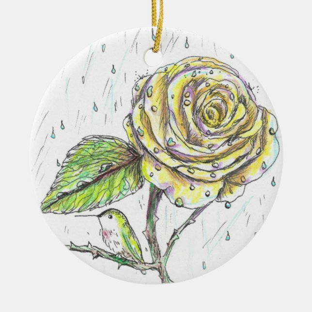 Hummingbird and Rose in the Rain Drawing Ceramic Ornament (Front)