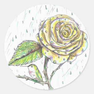 Hummingbird and Rose in the Rain Drawing Classic Round Sticker
