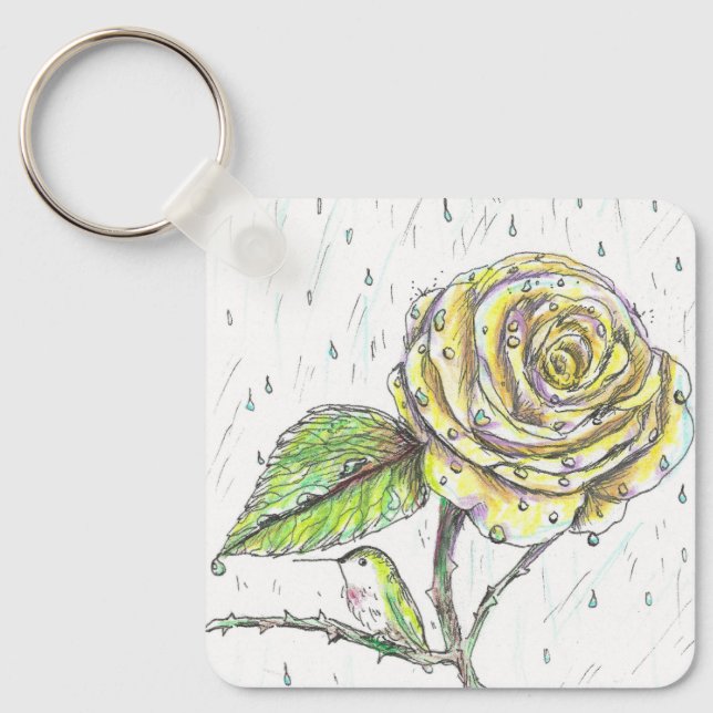 Hummingbird and Rose in the Rain Drawing Keychain (Front)