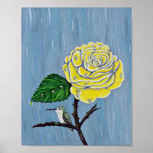 Hummingbird and Rose in the Rain Painting Poster