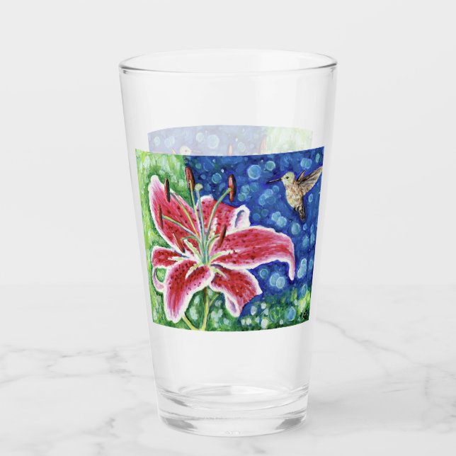 Hummingbird and Stargazer Lily Painting Glass (Front)