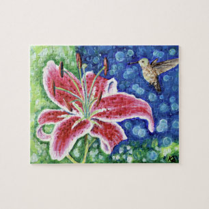 Hummingbird and Stargazer Lily Painting Jigsaw Puzzle