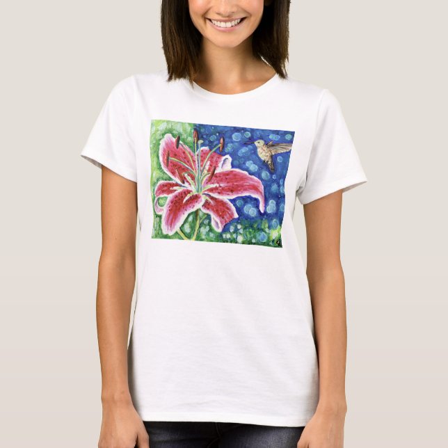 Hummingbird and Stargazer Lily Painting T-Shirt (Front)