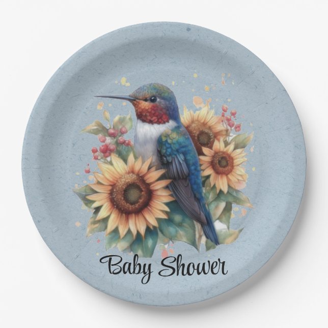 Hummingbird and Sunflower Blue Baby Shower Paper Plate (Front)