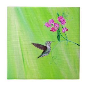 Hummingbird and Sweet Peas Painting Ceramic Tile