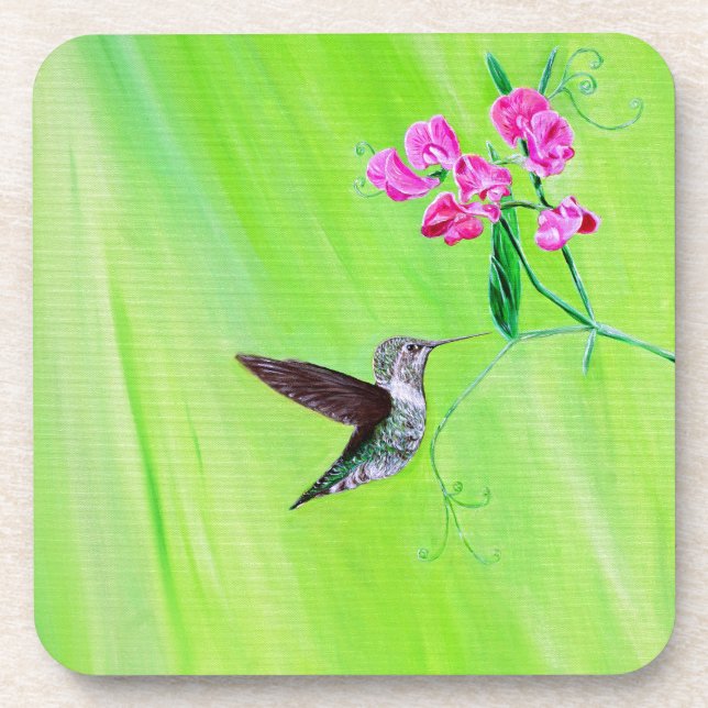 Hummingbird and Sweet Peas Painting Coaster (Front)
