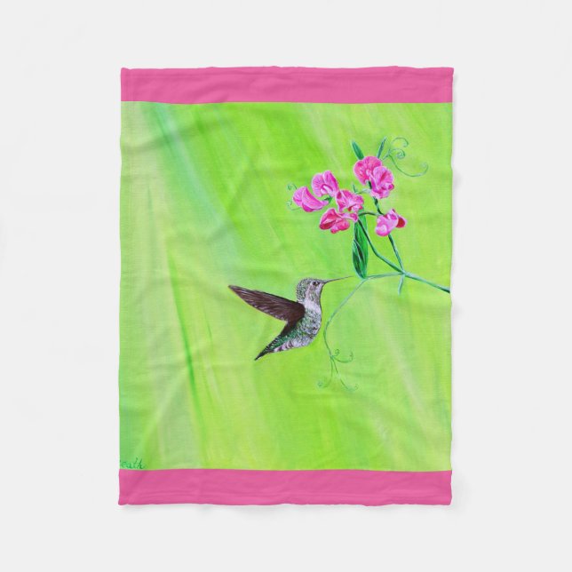 Hummingbird and Sweet Peas Painting Fleece Blanket (Front)