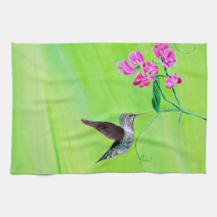 Hummingbird and Sweet Peas Painting Tea Towel
