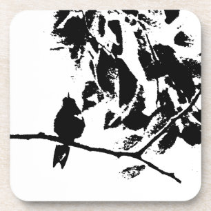 Hummingbird and Tree Branches Black White Coaster