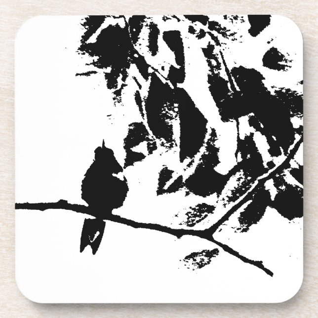 Hummingbird and Tree Branches Black White Coaster (Front)
