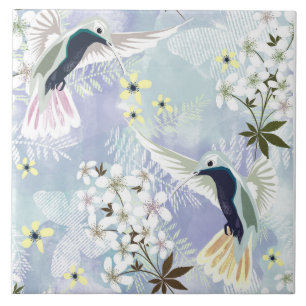 Hummingbird and white flowers ceramic tile