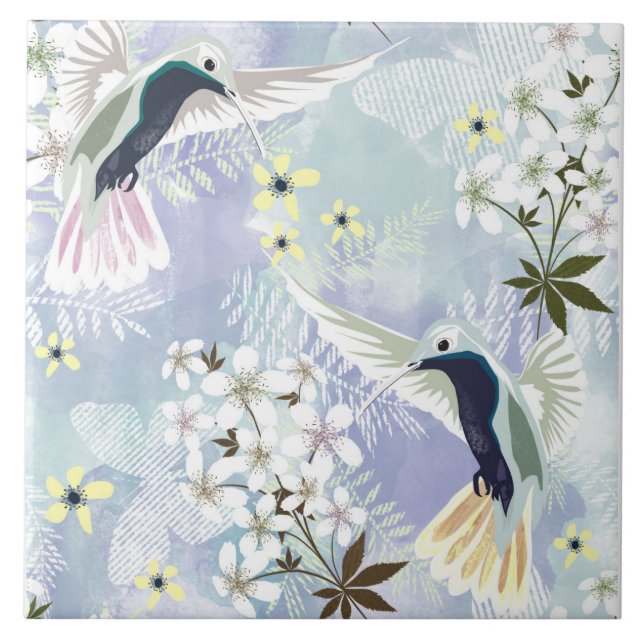 Hummingbird and white flowers ceramic tile (Front)