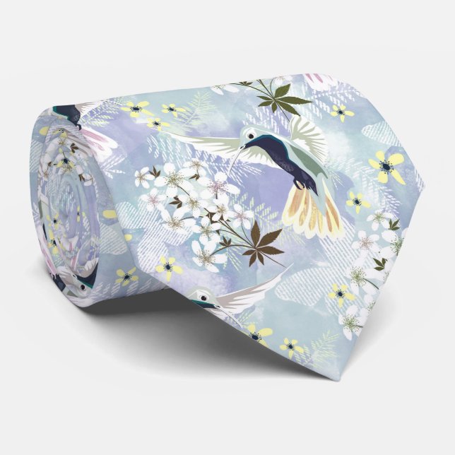 Hummingbird and white flowers tie (Rolled)
