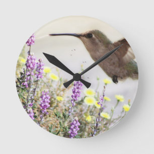 Hummingbird and Wildflowers Digital Art Round Clock