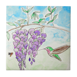Hummingbird and Wisteria Painting Ceramic Tile
