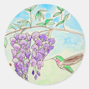 Hummingbird and Wisteria Painting Classic Round Sticker