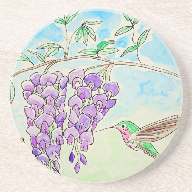Hummingbird and Wisteria Painting Coaster (Front)