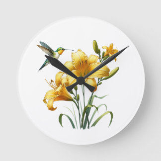Hummingbird and Yellow Lilies Round Clock