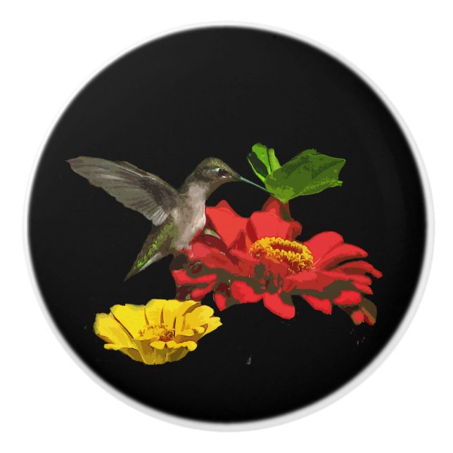 Hummingbird and Zinnia Flowers Ceramic Knob (Front)