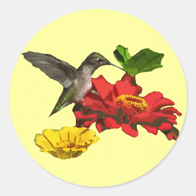 Hummingbird and Zinnias Classic Round Sticker (Front)