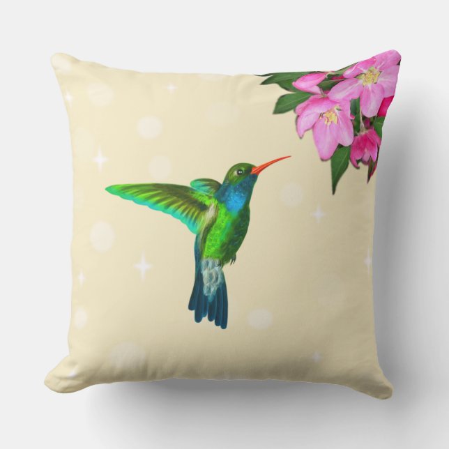 Hummingbird & Apple Flowers on Light Beige Cushion (Front)