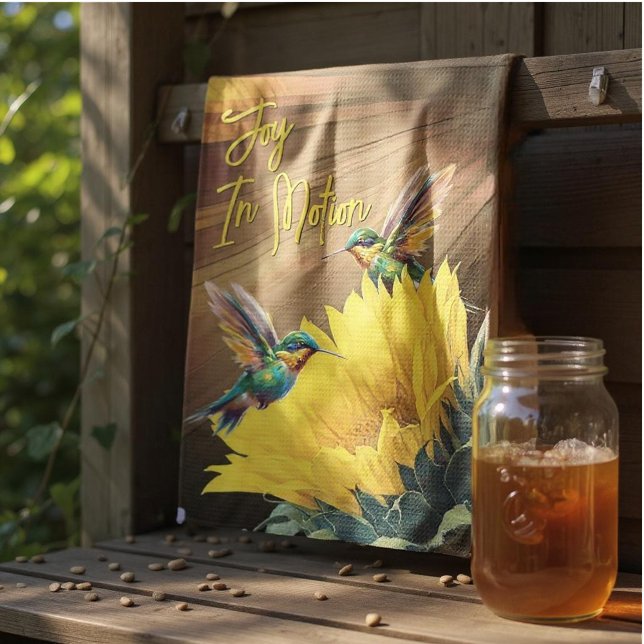 Hummingbird Art & Sunflower Photograph Mix Tea Towel (kitchen towel hangs from board)