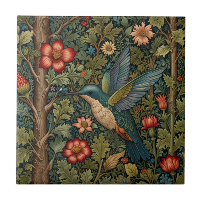 Hummingbird artwork bohemian floral greenery  ceramic tile (Front)