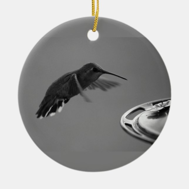 Hummingbird at Feeder Black and White 1 or 3 Ceramic Ornament (Front)