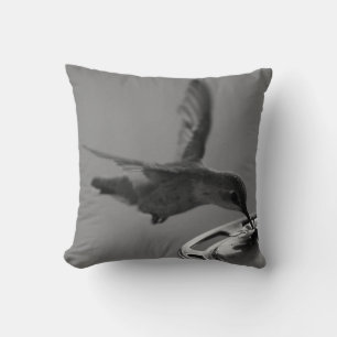 Hummingbird at Feeder Black and White 3 or 3 Cushion