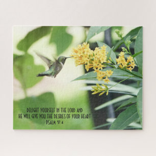 Hummingbird at Flowers w/ verse from Psalm 37:4 Jigsaw Puzzle