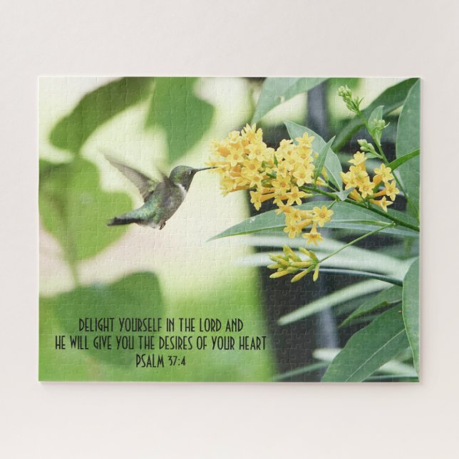 Hummingbird at Flowers w/ verse from Psalm 37:4 Jigsaw Puzzle (Horizontal)