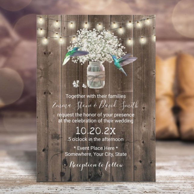 Hummingbird & Baby's Breath Flowers Rustic Wedding Invitation (Creator Uploaded)