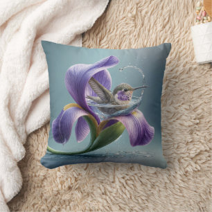 Hummingbird Bathing In An Iris Blossom Cushion