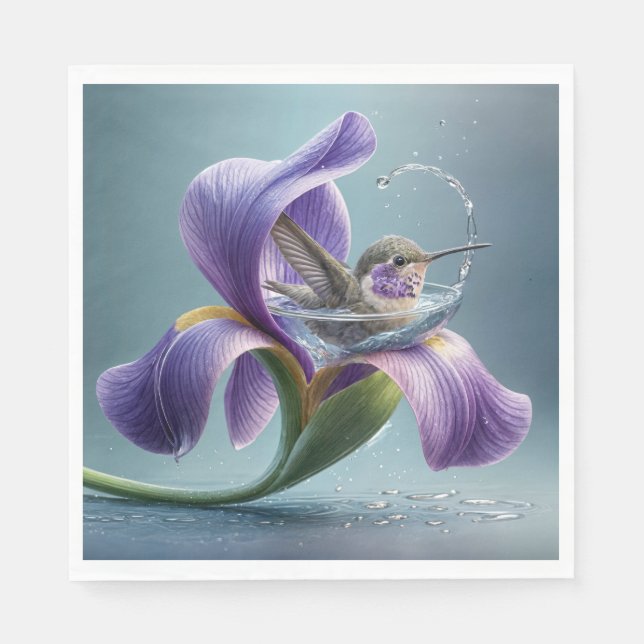 Hummingbird Bathing In An Iris Blossom Napkin (Front)