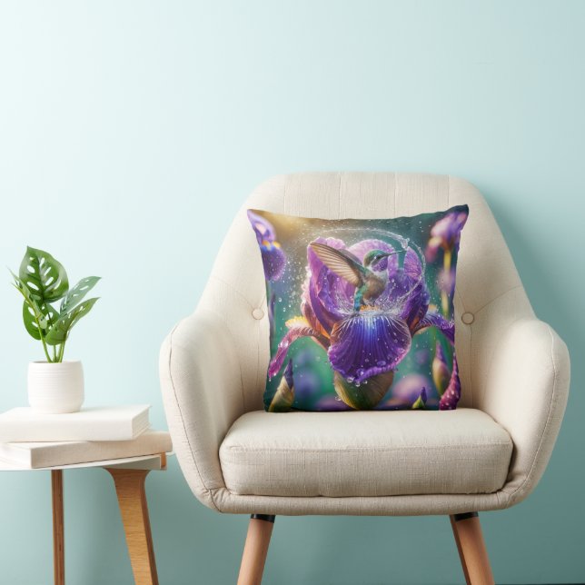 Hummingbird Bathing In an Iris Cushion (Chair)